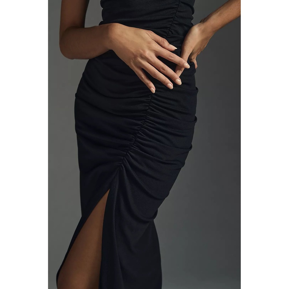 Anthropologie The Maya Ruched Cowl Neck Dress Womens M Black Midi Slit - Picture 5 of 11